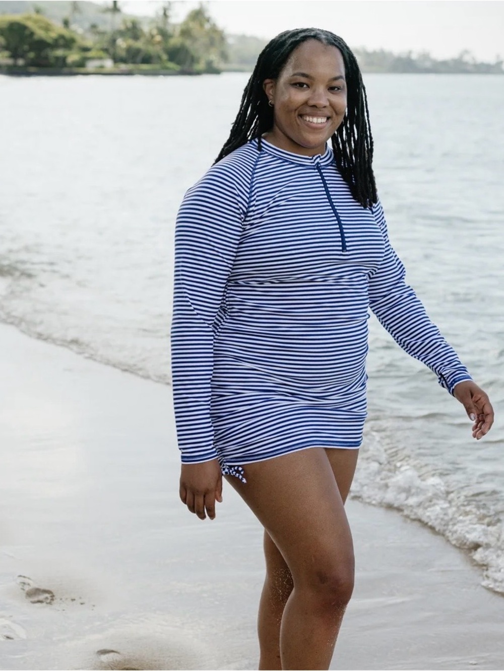 Striped Long-Sleeve Swim Coverup Tunic in Navy/White